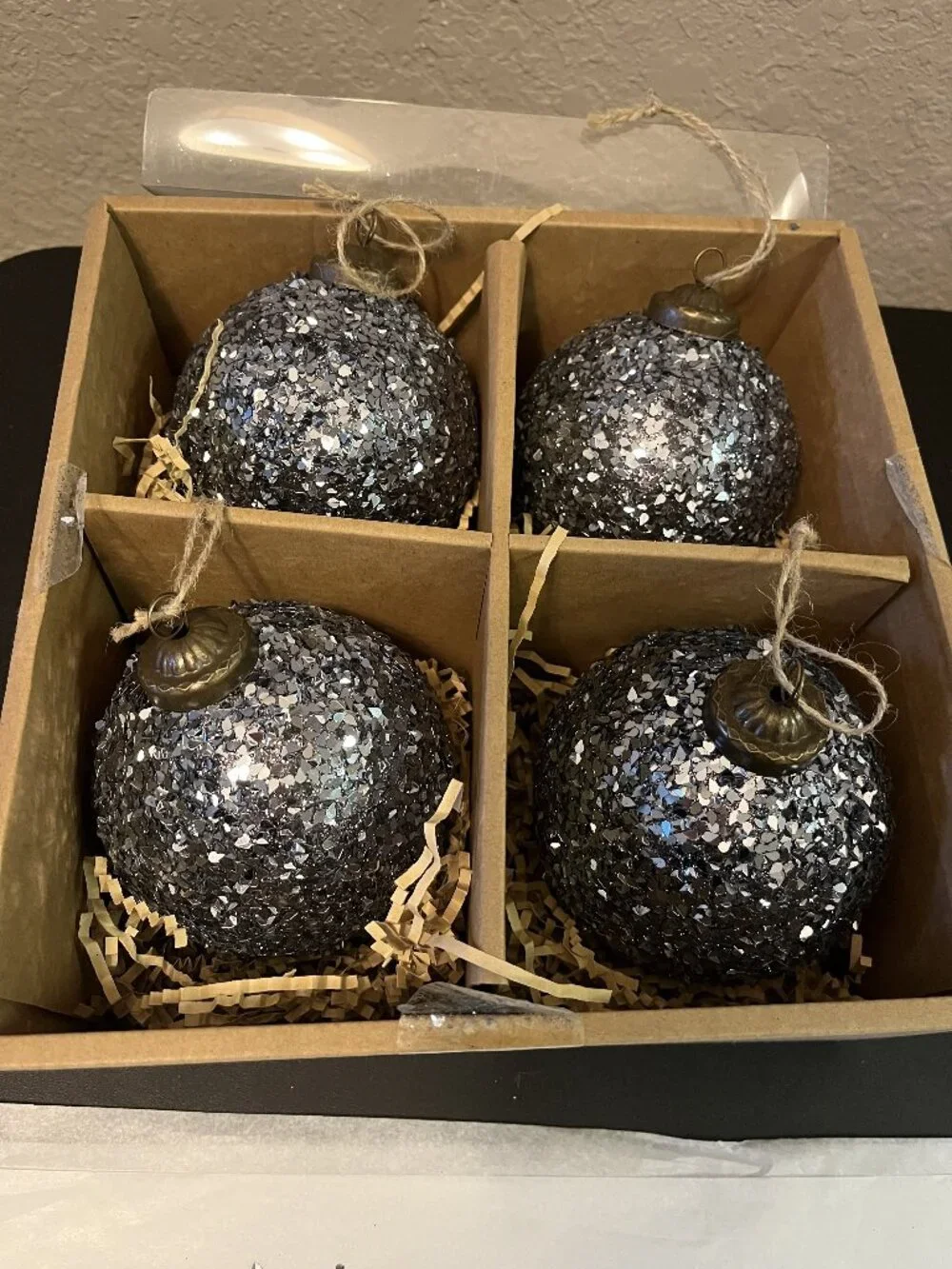 Pottery Barn Set of 4 German Glitter Round Blue Christmas Tree Ornaments